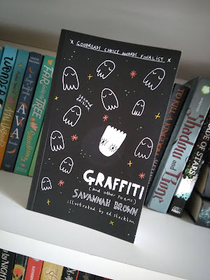 A black background with several cartoon ghosts flying around amongst several stars. The text reads 'Goodreads Choice Awards Finalist' 'Graffiti (and other poems)' 'Savannah Brown' 'Illustrated by Ed Stockham'