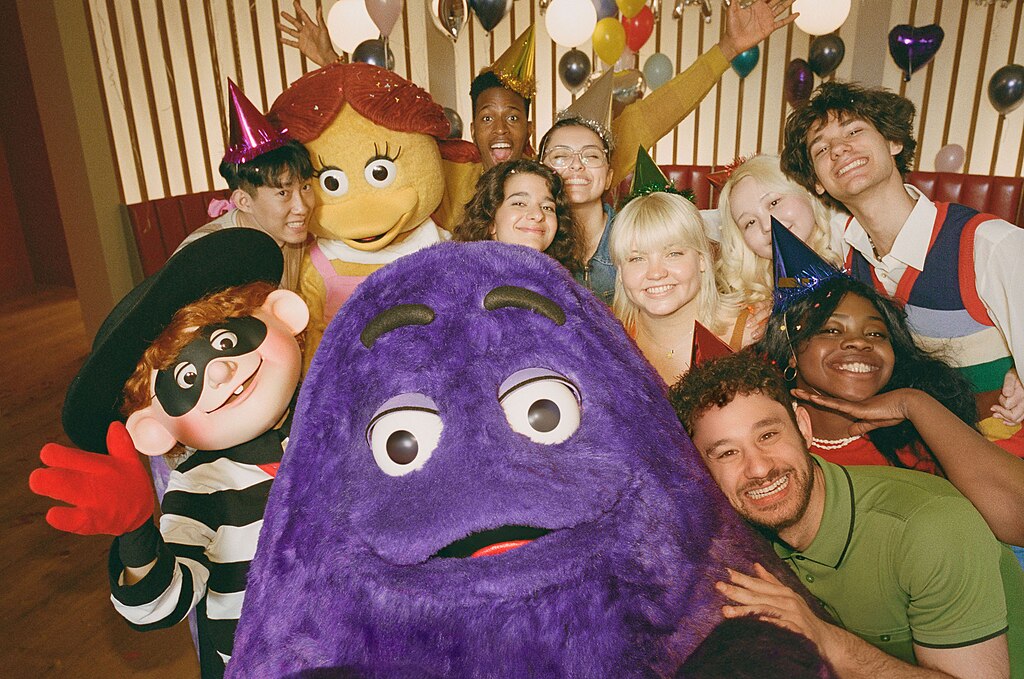 Vintage iconic McDonald’s characters celebrating Grimace’s birthday.