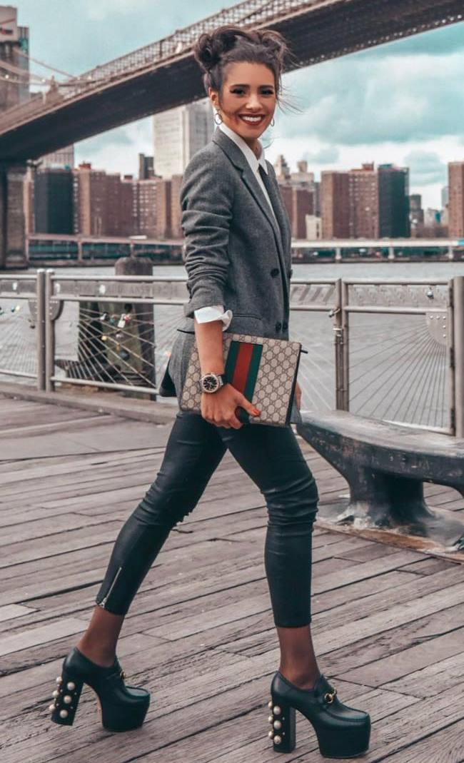 gorgeous office outfit / white shirt + grey blazer + clutch + leather pants + heels