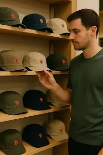 피알라벤(Fjällräven)모자를 구매하기 위해 구경을 하는 모습