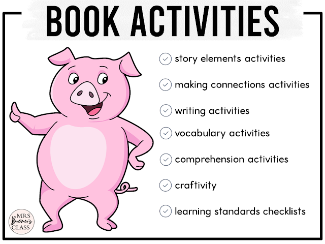 A Piglet Named Mercy book activities unit with literacy printables, reading companion worksheets, lesson ideas, and a craft for Kindergarten and First Grade