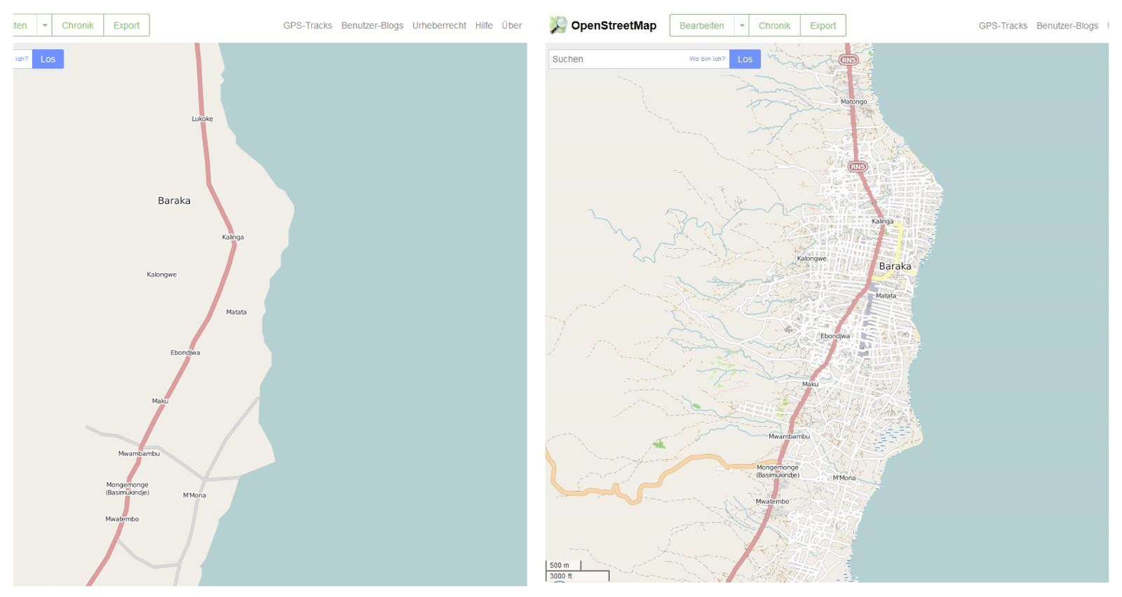 Die Stadt Baraka im Kongo vor und nach der Bearbeitung durch Missing Maps munity Quelle