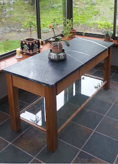 Custom white oak and soapstone table with glass shelf