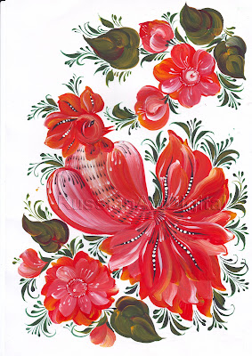 Digital Printable Rooster  with flowers in Russian folk style