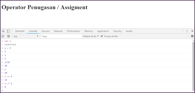 Contoh penggunaan operator penugasan/assignment di Javascript pada console browser