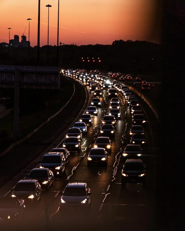 Heavy vehicular car traffic at dusk