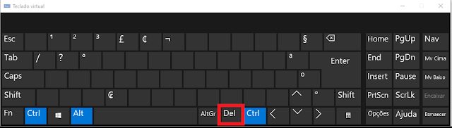 Teclado Virtual do Windows com os botões Ctrl, Alt e Del apertados