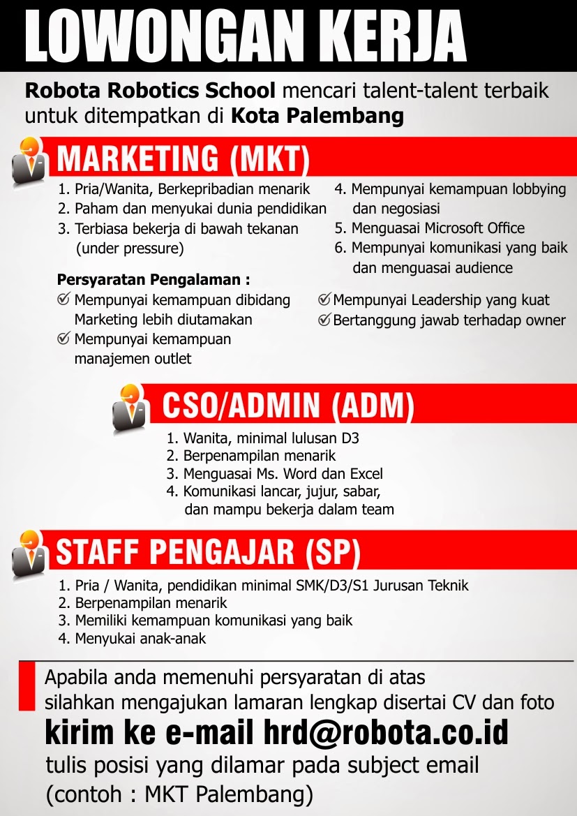 LOKER PALEMBANG, Admin CSO Marketing dan Staff Pengajar 