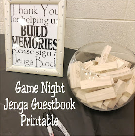 Create a fun memory and party game with a Jenga game guest book.  Find the free printable to help guests build memories and your party fun. #gamenight #guestbook #jenga #engagementparty #family #diypartymomblog