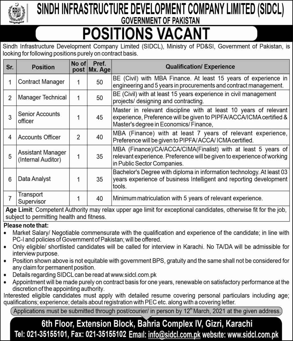 Sindh Infrastructure Development Company Limited SIDCL Jobs 2021 For Accounts Officer, Transport Supervisor & more