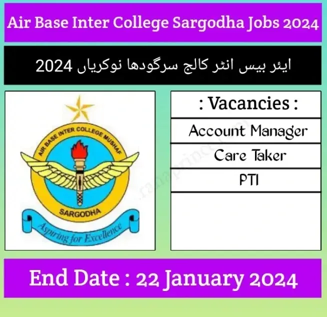 Air Base Inter College Sargodha Jobs 2024 | Mushaf Sargodha College Jobs