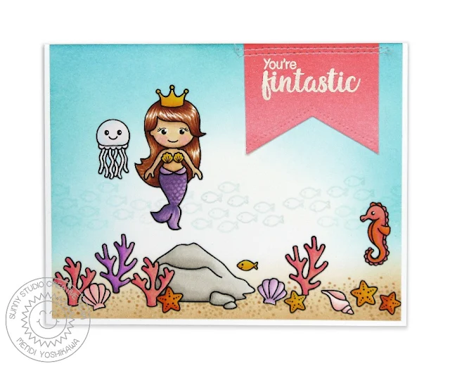 Sunny Studio Stamps Magical Mermaids Ocean Scene Card by Mendi Yoshikawa