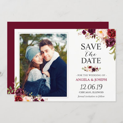  Rustic Burgundy Blush Floral Save the Date Photo Card