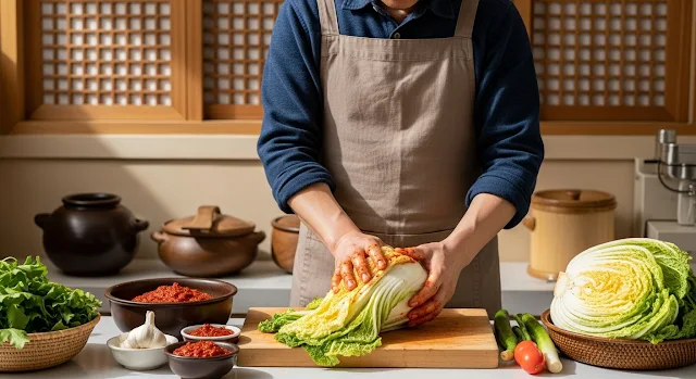 Traditional kimchi preparation in a Korean kitchen