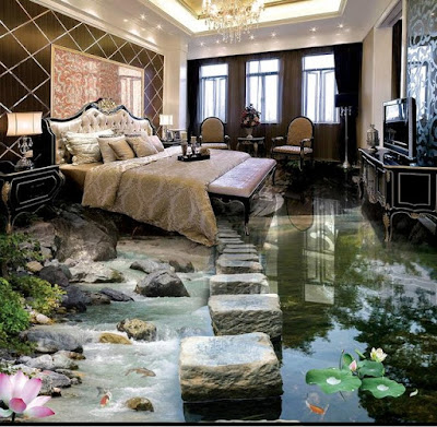 cleft and pond artwork in 3d tiles design with flowers plants for bedroom decoration in modern style