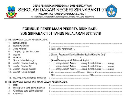 Contoh Formulir Penerimaan Siswa Baru Tahun Ajar 2017/2018