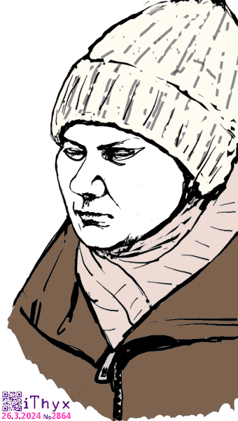 Женщина, в заторможенном состоянии, в коричневой верхней одежде, е с белой вязаной шапкой на голове и розовым шарфиком на шее. Автор рисунка: художник #iThyx