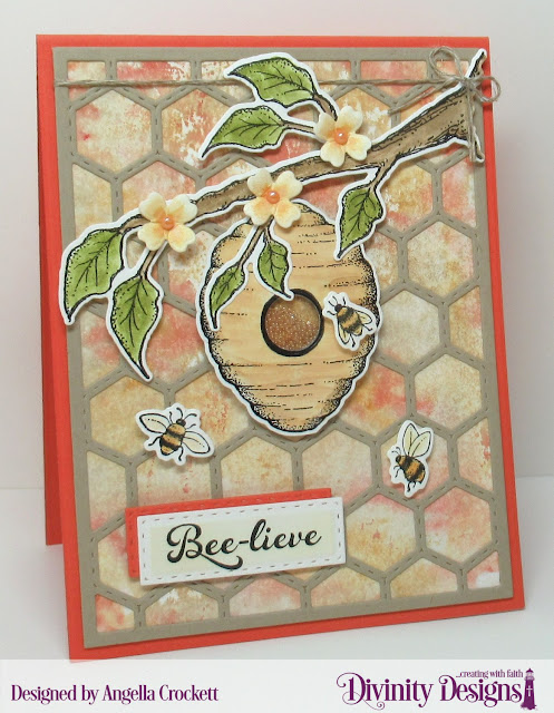 Divinity Designs LLC Bee-Lieve Stamp/Die Duos, Custom Dies: A2 Portrait Card Base with Layers, Quilted Honeycomb Background, Double Stitched Rectangles, Sewing Kit; Card Designer Angie Crockett