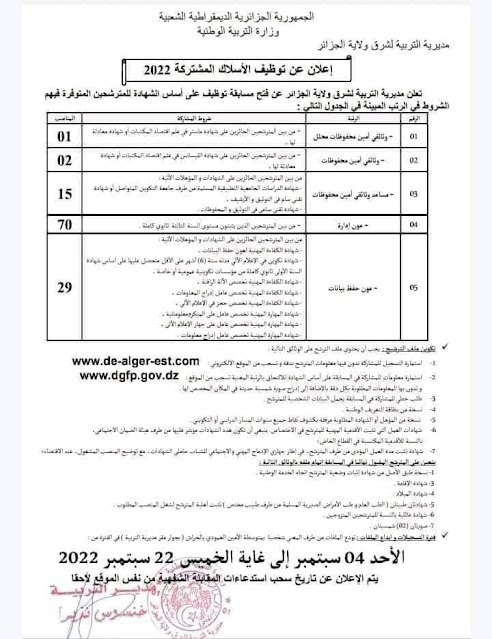 إعلان عن توظيف على أساس الشهادة بمديرية التربية للجزائر العاصمة شرق