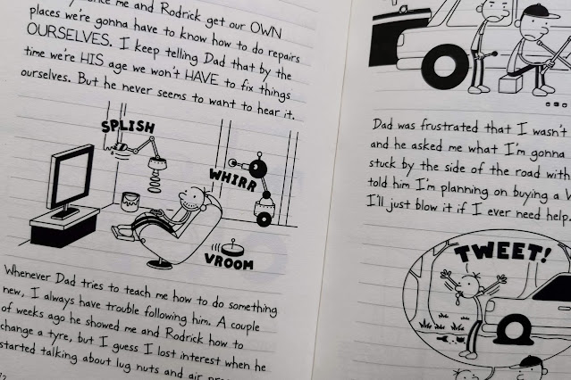 Example page from Diary of A Wimpy Kid showing pictures and writing