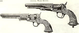 Marcellus Hartley offered morale-boosting, gaudily decorated pistols in his Wartime catalog. Special cast handles were made by Louis Tiffany, noted N.Y. sculptor. Handle detail (inset) shows allegorical figure on cast silver handle of New Model Police Pistol presented to Ibrahim Pasha, Governor of Adrianople, by Abraham Lincoln. Set of guns is now in Roosevelt Hyde Park Library; handle is by another sculptor, Ward.