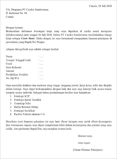 Contoh Surat Lamaran Kerja Untuk Crew Store (Fresh Graduate)