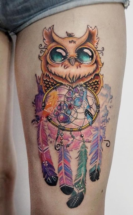 colourful-owl-with-dream-catcher-tattoo