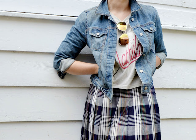 baseball cap, denim, casual, street style, denim, plaid skirt, vintage, oasap, blonde pixie cut