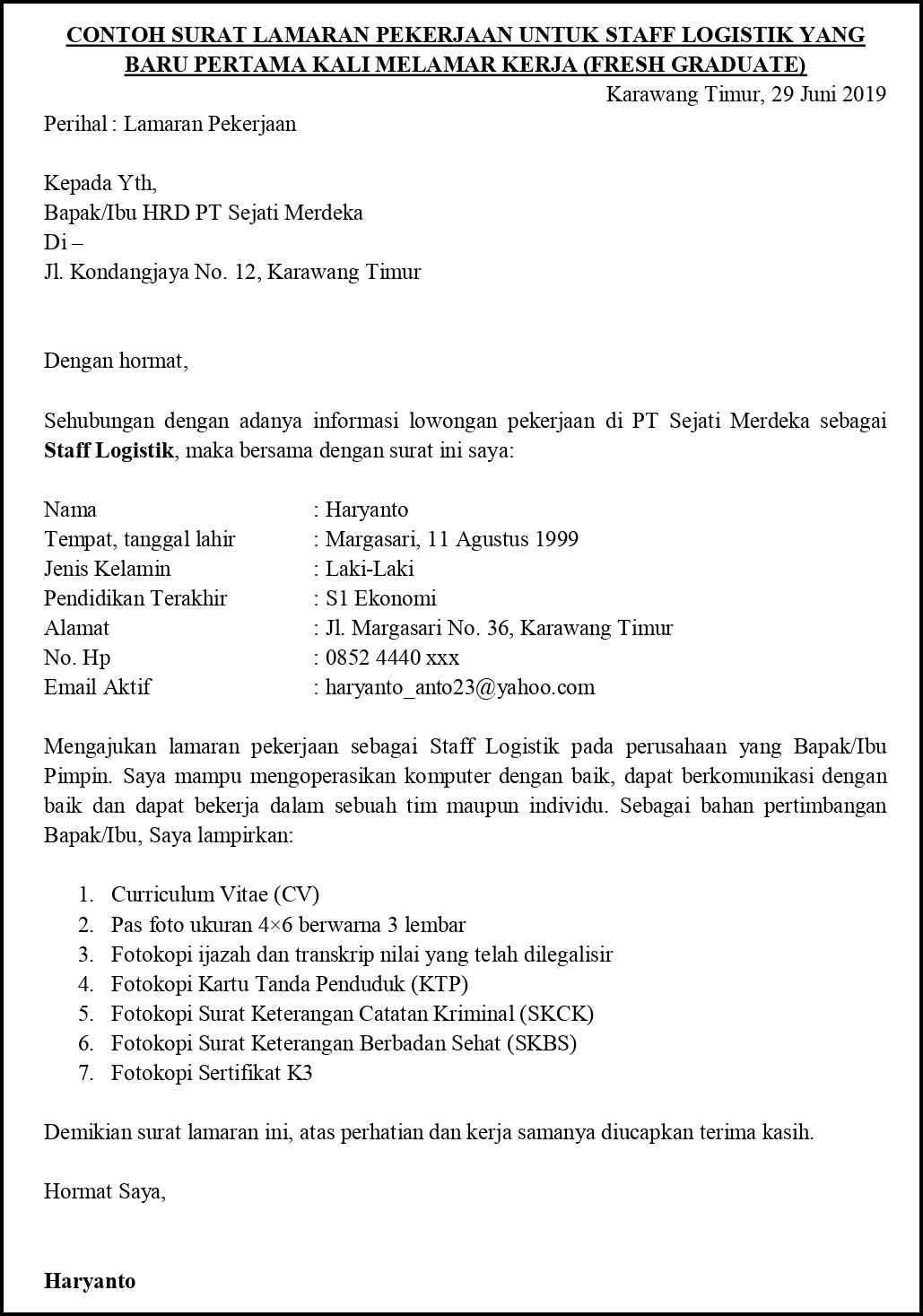 Contoh Surat Lamaran Pekerjaan Untuk Operasi Bisnis 