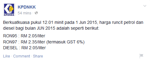 Harga Petrol Naik 10sen Menjelang 1 Jun 2015