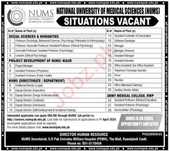 National University Of Medical Sciences NUMS Rawalpindi Jobs 2024