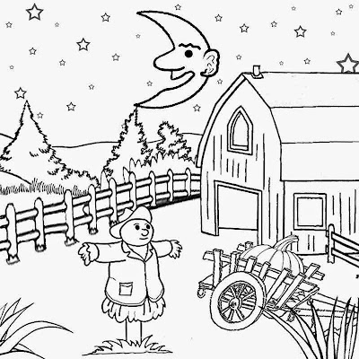 Sparkling star background farm cartoon illustration harvest moon night sky coloring page to print