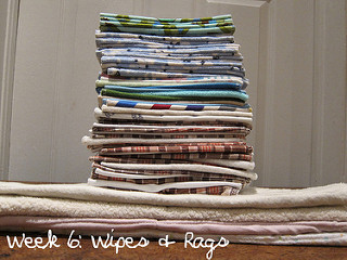 Image: Baby wipes and cleaning rags. Week 6 for Needle Down. Fabric is mostly scrap from old clothing, by J. Whyte on Flickr