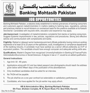 Banking Mohtasib Pakistan Jobs 2019 for Advisors / Consultants