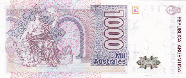 Argentina money currency 1000 Australes banknote 1989