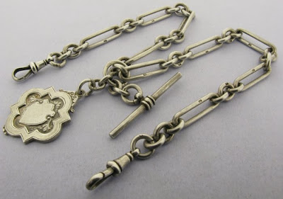 Antique Silver Double Albert Fetter Link Watch Chain T-Bar & Fob 54gr Bir 1920 