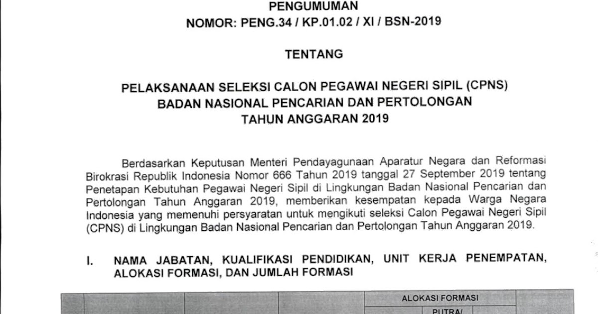 Lowongan Kerja Penerimaan CPNS Badan Nasional Pencarian dan Pertolongan (BASARNAS)  Anggaran  [391 Formasi]  April 2024