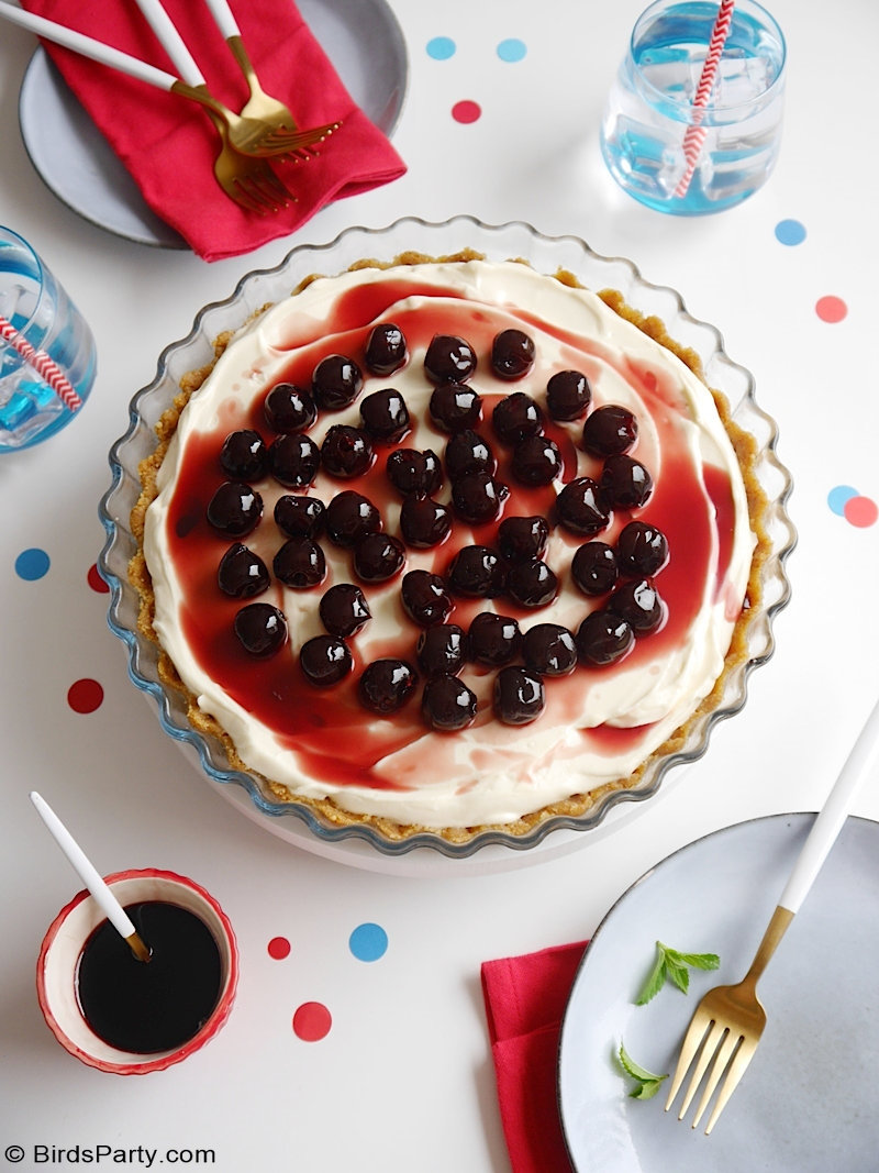 No-Bake Cherry Cheesecake Recipe - quick and easy to make summer dessert that's perfect for a BBQ, potluck backyard party or 4th of July celebrations! by BirdsParty.com @BirdsParty #cherrycheesecake #cherries #nobakedessert #summercheesecake #cheesecake #4thofjuly #dessert #nobakecheesecake #summerberries #summerdessert #nobakedessert