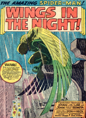 Amazing Spider-Man #63, don heck,. john romita, splash page, the vulture perches on a ledge as the rain pours down, it is night time and he is brooding, an ominous presence