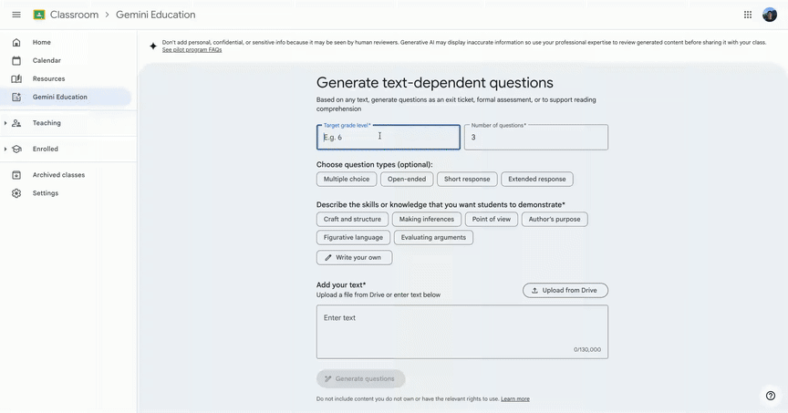 Uso de Gemini en Google Classroom para crear preguntas