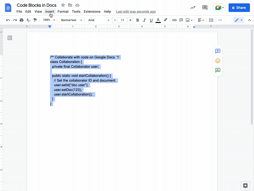 blocs de code dans Google Docs