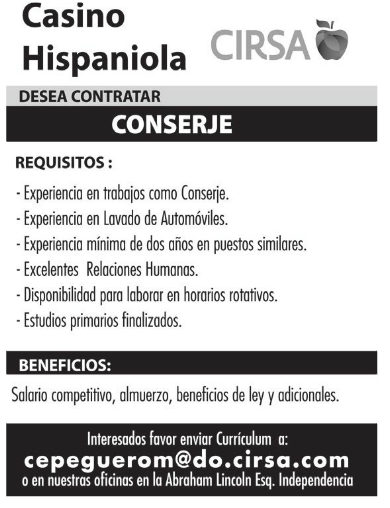 #Vacante Casino Hispaniola solicita #Conserje Envia tu CV