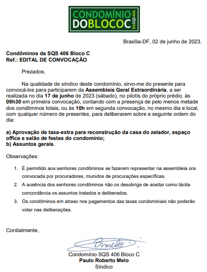 Assembleia Geral Extraordinária em Brasília discutirá taxa-extra e melhorias estruturais no Condomínio da SQS 406, Bloco C