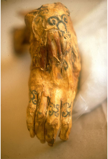 The tattooed right hand of a Chiribaya mummy is displayed at El Algarrobal