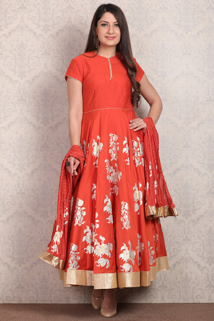 Orange Anarkali Cotton Silk Suit Set by Rohit Bal