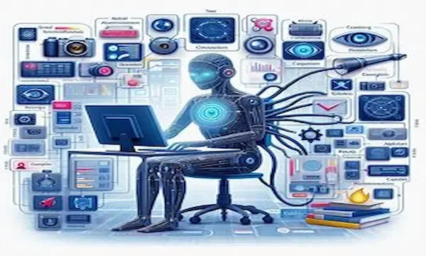 A humanoid robot engaged in work on a laptop, surrounded by icons that represent various applications and technologies. The robot is designed with attention to detail, showing visible wiring and a glowing blue core, suggesting it’s active or processing information.