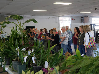 people standing near tables with plants on them