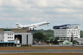 A Gulfstream G550 VH-PFL aircraft taking off from Seletar Airport on Feb 10 2012