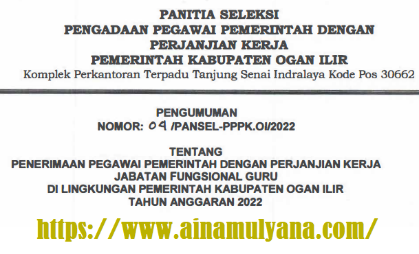 Rincian Formasi ASN PPPK Kabupaten Ogan Ilir Provinsi Sumatera Selatan Tahun 2022