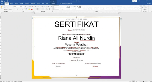 Free Sertifikat .Docx : Contoh Sertifikat Pelatihan Atau Seminar Mircrosoft Word